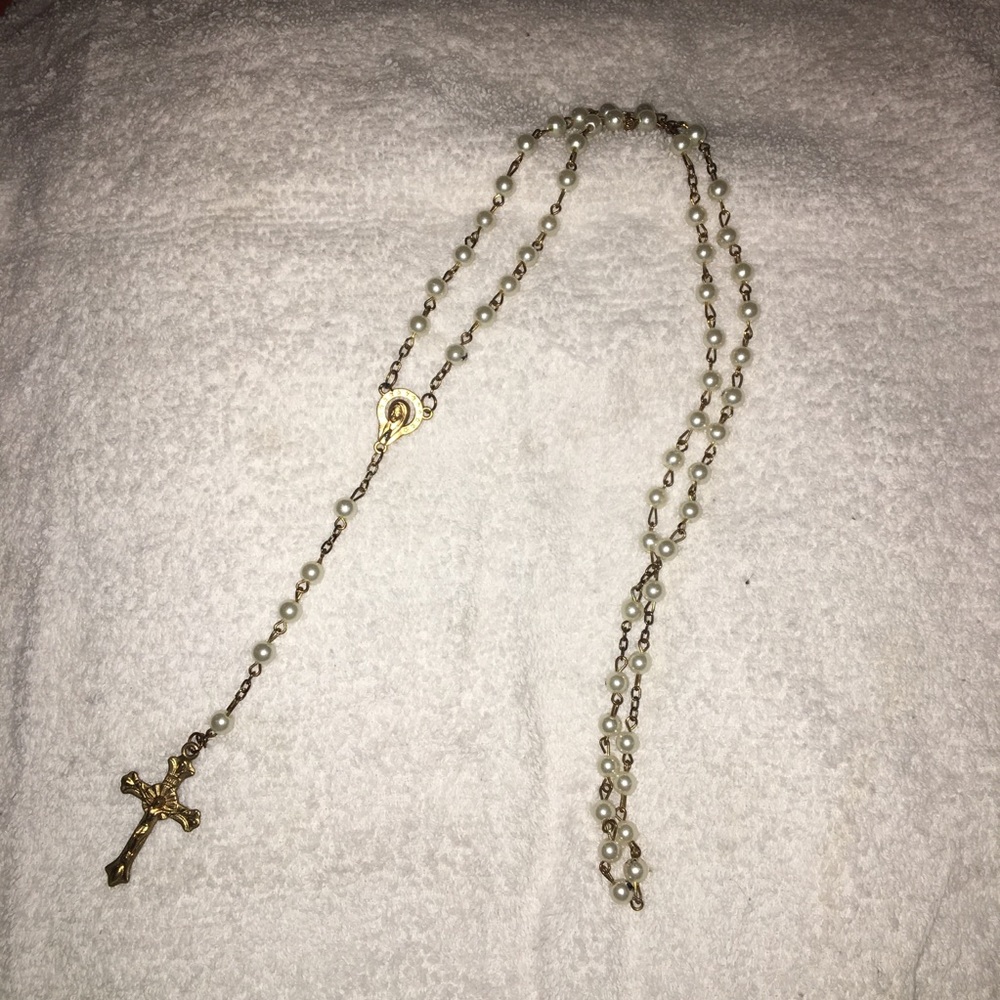 copper and white beaded rosary